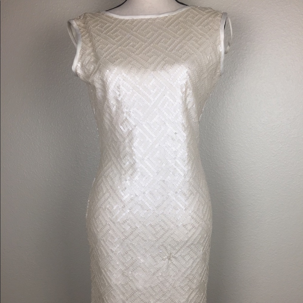 Metallic Pearl White Sequin Cocktail Party Dress